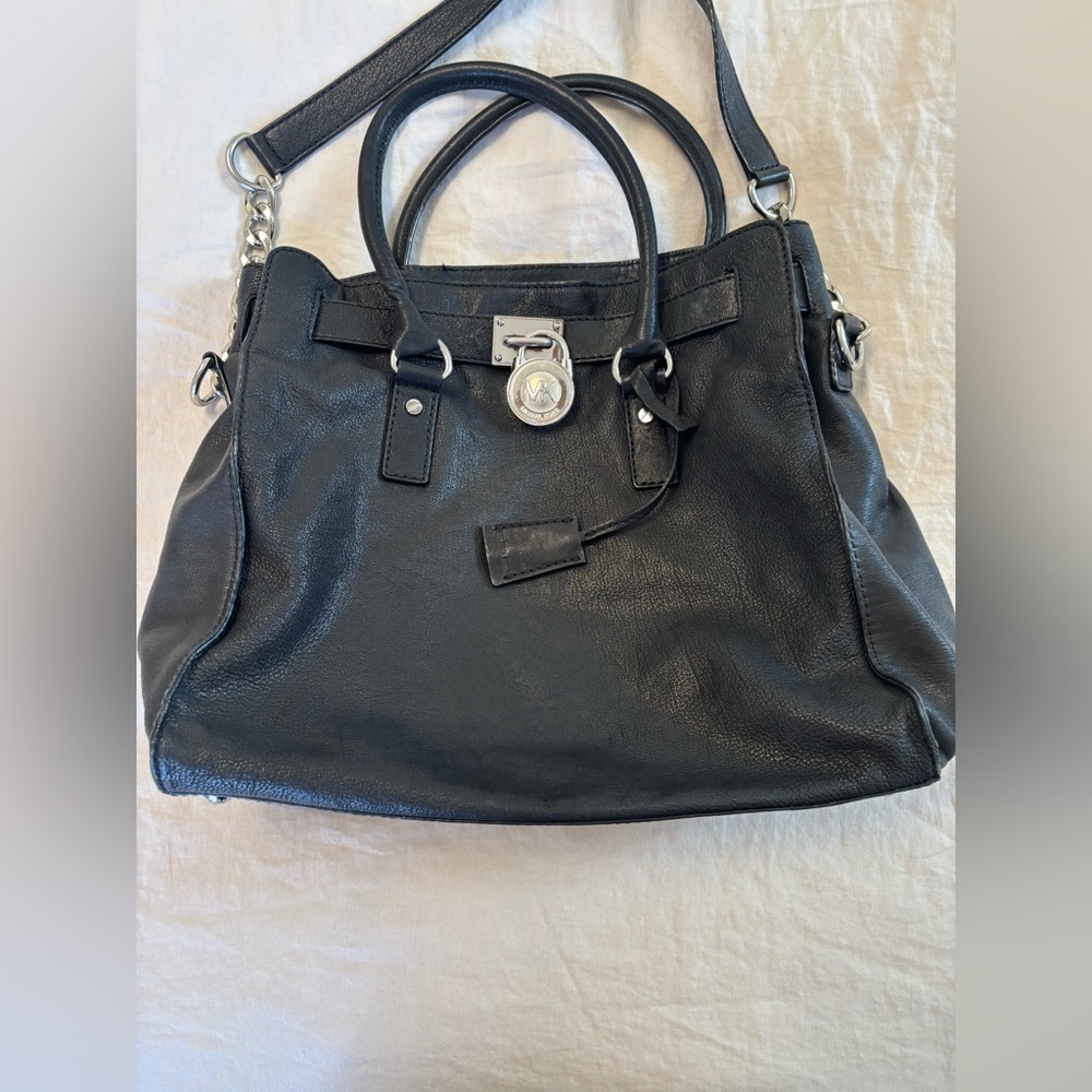 Michael Kors Black Satchel with Silver Hardware and Detachable Strap